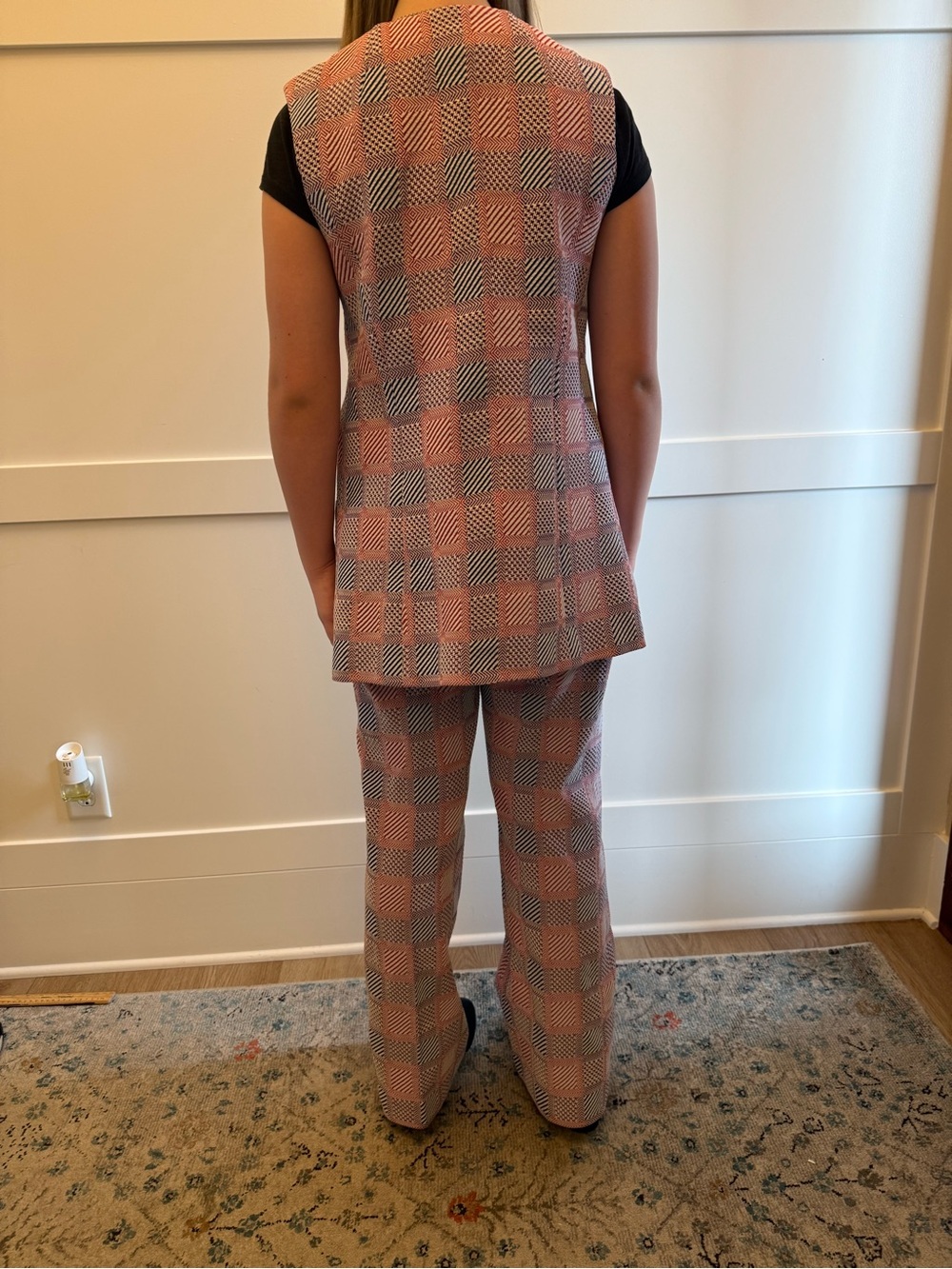 Vtg 60s 70s WORLD Knits 2 Pc Vest & Pants Suit Set Patchwork Mod Flared Sz 12 - Picture 4 of 15